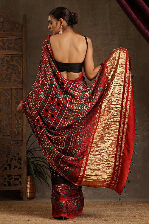 Jahangir Khatri-Traditional Ajrakh Hand Block Printed & Bandhani Tissue Pallu Modal Saree With Tassels