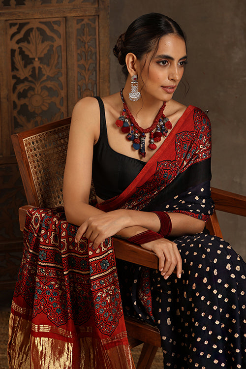 Jahangir Khatri - Red & Purple Ajrakh & Bandhani Modal Tissue Pallu Saree