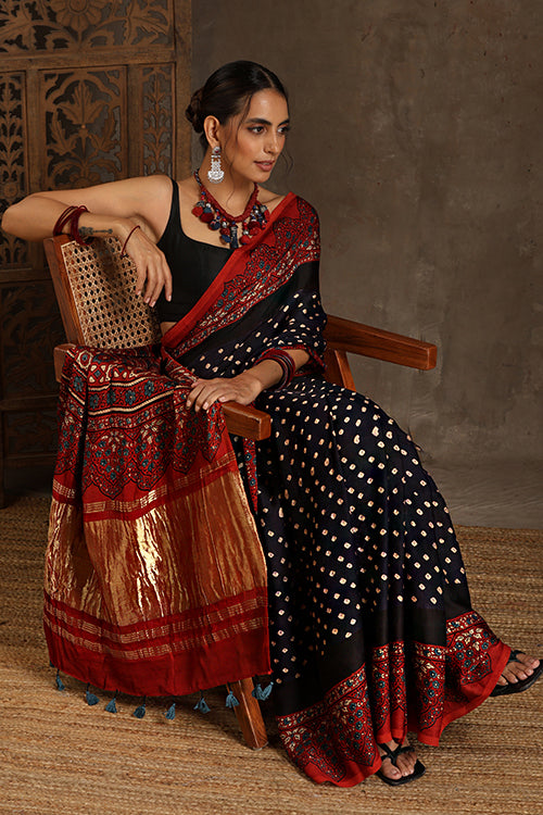 Jahangir Khatri - Red & Purple Ajrakh & Bandhani Modal Tissue Pallu Saree