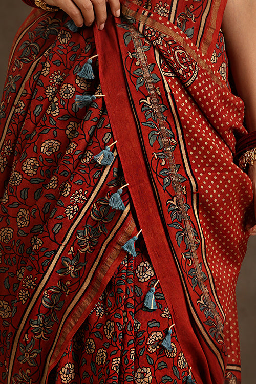 Tenaaro Ajrakh Hand Block Printed  Chanderi Silk Saree (Red-2)