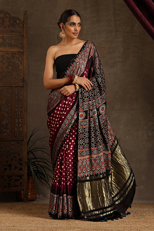Jahangir Khatri - Black & Magenta Ajrakh & Bandhani Modal Tissue Pallu Saree