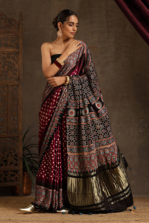 Jahangir Khatri - Black & Magenta Ajrakh & Bandhani Modal Tissue Pallu Saree