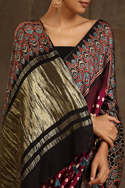 Jahangir Khatri - Black & Magenta Ajrakh & Bandhani Modal Tissue Pallu Saree