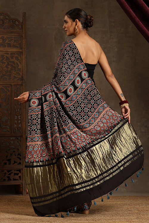 Jahangir Khatri - Black & Magenta Ajrakh & Bandhani Modal Tissue Pallu Saree