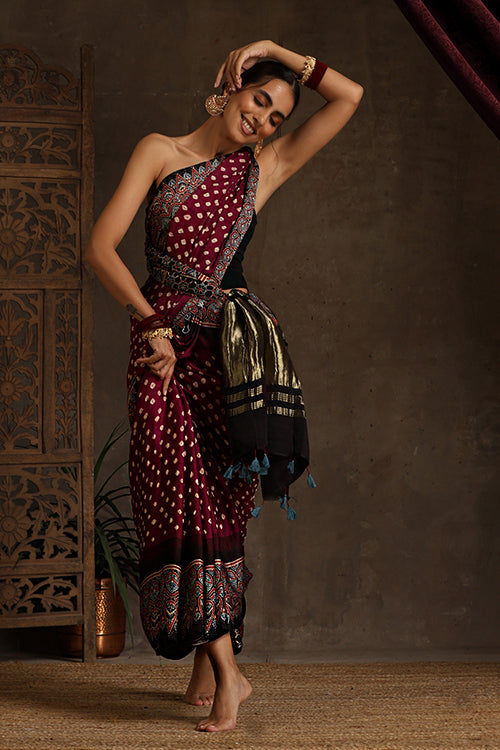 Jahangir Khatri - Black & Magenta Ajrakh & Bandhani Modal Tissue Pallu Saree