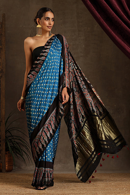 Jahangir Khatri - Black & Sky Blue Ajrakh & Bandhani Modal Tissue Pallu Saree