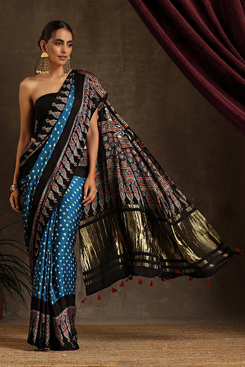 Jahangir Khatri - Black & Sky Blue Ajrakh & Bandhani Modal Tissue Pallu Saree