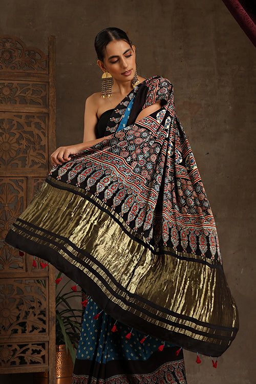 Jahangir Khatri - Black & Sky Blue Ajrakh & Bandhani Modal Tissue Pallu Saree