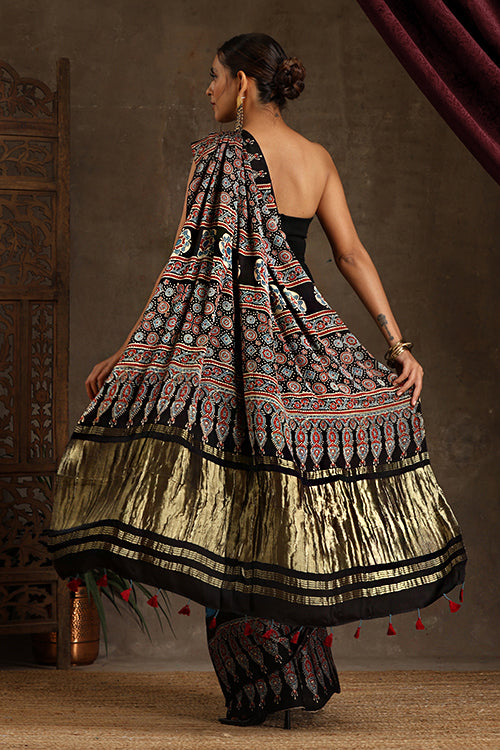 Jahangir Khatri - Black & Sky Blue Ajrakh & Bandhani Modal Tissue Pallu Saree