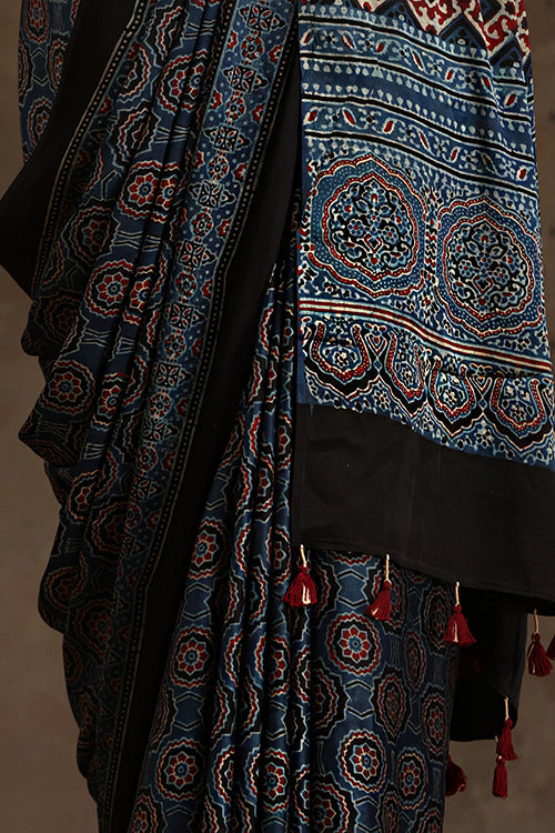 Tenaaro Ajrakh Hand Block Printed Modal Satin Saree