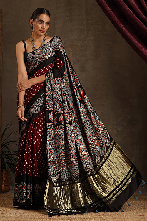 Jahangir Khatri - Black & Dark Maroon Ajrakh & Bandhani Modal Tissue Pallu Saree