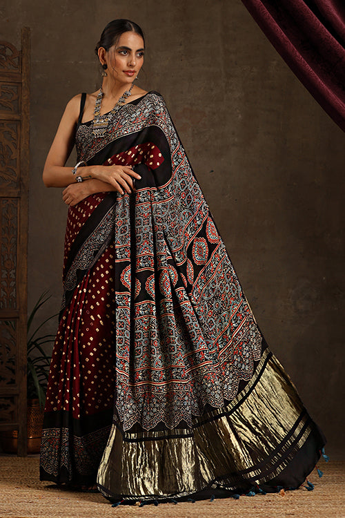 Jahangir Khatri - Black & Dark Maroon Ajrakh & Bandhani Modal Tissue Pallu Saree