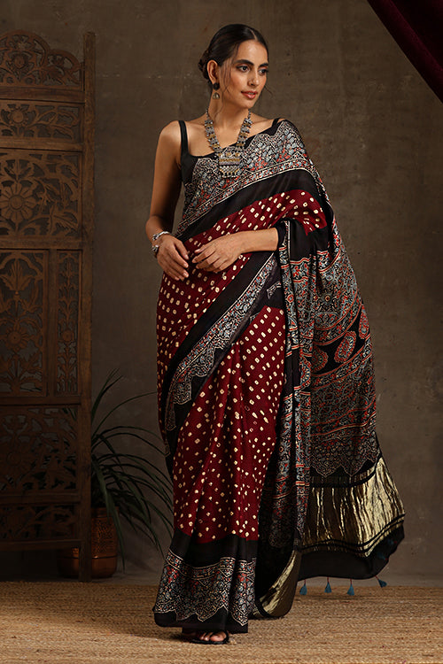 Jahangir Khatri - Black & Dark Maroon Ajrakh & Bandhani Modal Tissue Pallu Saree