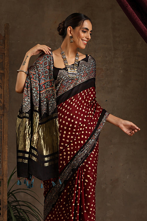 Jahangir Khatri - Black & Dark Maroon Ajrakh & Bandhani Modal Tissue Pallu Saree