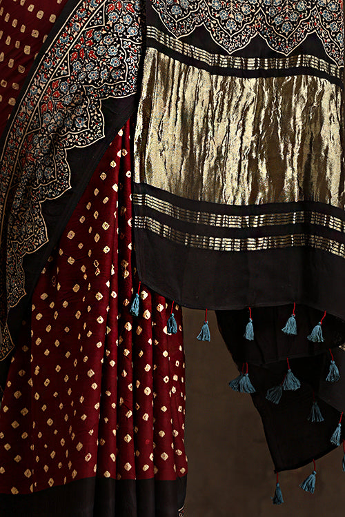 Jahangir Khatri - Black & Dark Maroon Ajrakh & Bandhani Modal Tissue Pallu Saree