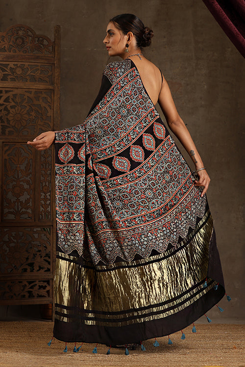 Jahangir Khatri - Black & Dark Maroon Ajrakh & Bandhani Modal Tissue Pallu Saree