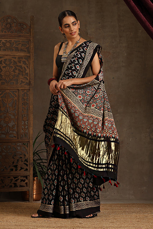 Jahangir Khatri - Black Ajrakh Modal Tissue Pallu Saree
