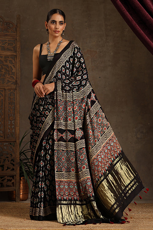 Jahangir Khatri Handblock Printed Black Ajrakh Saree Online - 011