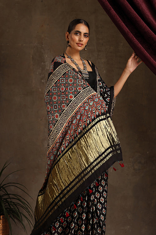 Jahangir Khatri - Black Ajrakh Modal Tissue Pallu Saree
