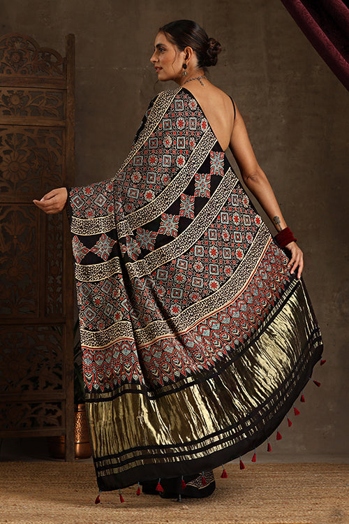 Jahangir Khatri - Black Ajrakh Modal Tissue Pallu Saree