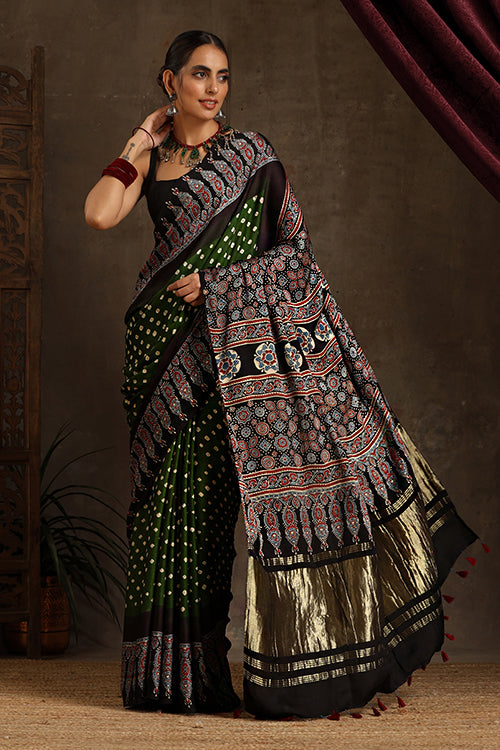 Jahangir Khatri - Black & Green Ajrakh & Bandhani Modal Tissue Pallu Saree