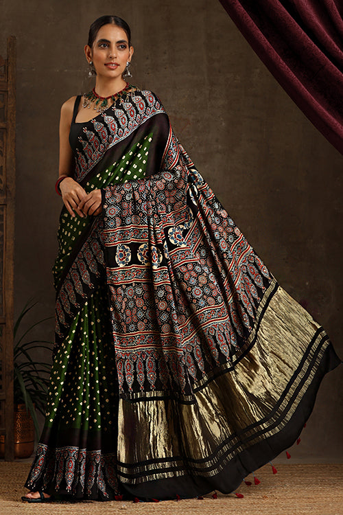 Jahangir Khatri - Black & Green Ajrakh & Bandhani Modal Tissue Pallu Saree