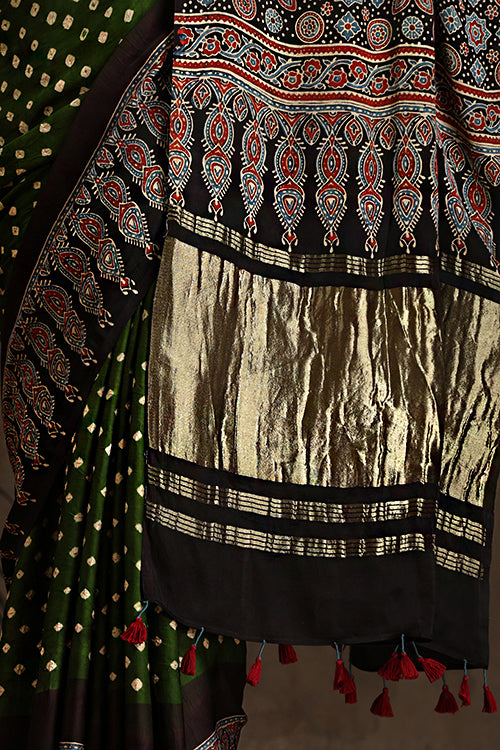 Jahangir Khatri - Black & Green Ajrakh & Bandhani Modal Tissue Pallu Saree