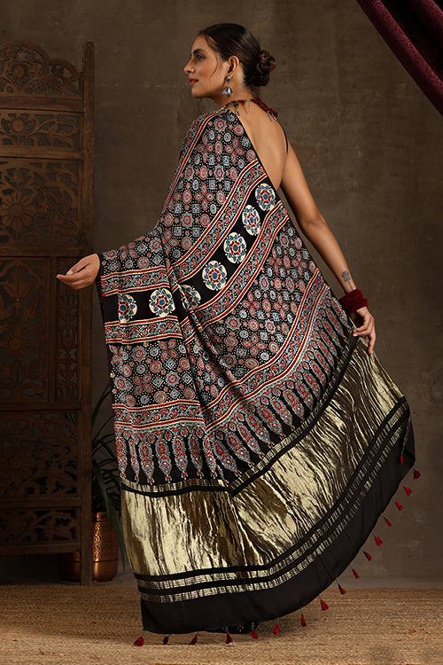 Jahangir Khatri - Black & Green Ajrakh & Bandhani Modal Tissue Pallu Saree