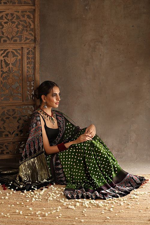 Jahangir Khatri - Black & Green Ajrakh & Bandhani Modal Tissue Pallu Saree
