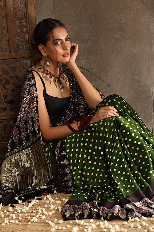 Jahangir Khatri - Black & Green Ajrakh & Bandhani Modal Tissue Pallu Saree
