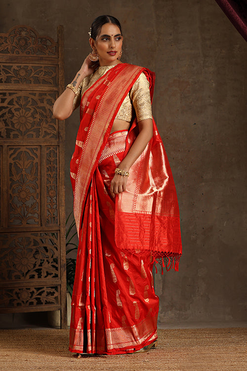 Red Handloom Banarasi Pure katan Silk Cutwork Boota saree