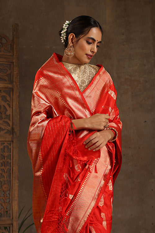 "VWAS" Red Handloom Banarasi Pure katan Silk Cutwork Boota saree