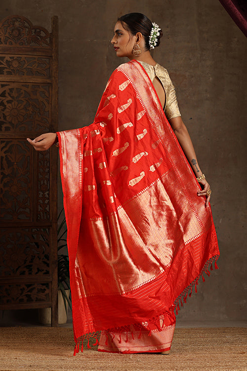 "VWAS" Red Handloom Banarasi Pure katan Silk Cutwork Boota saree