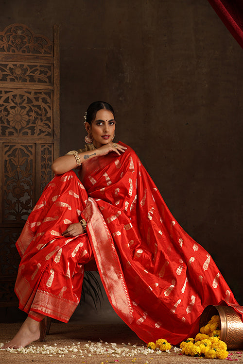 "VWAS" Red Handloom Banarasi Pure katan Silk Cutwork Boota saree