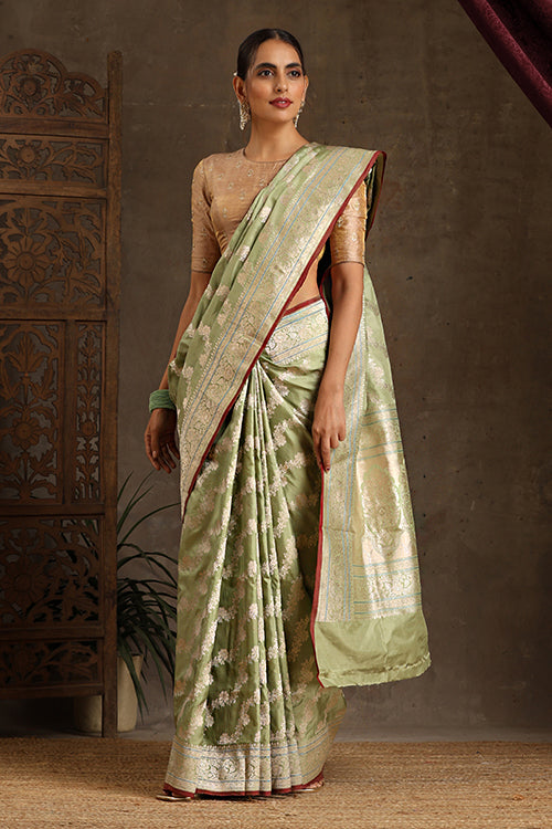 "VWAS" Green Handloom Banarasi Pure Katan Silk Kadwa Aara  Saree