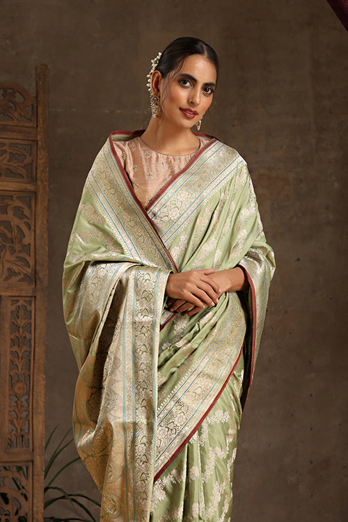 "VWAS" Green Handloom Banarasi Pure Katan Silk Kadwa Aara  Saree