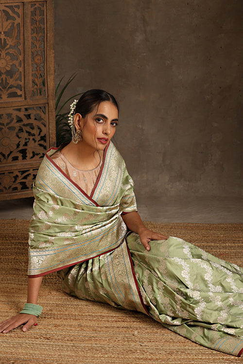 "VWAS" Green Handloom Banarasi Pure Katan Silk Kadwa Aara  Saree