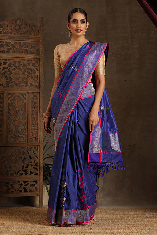 "VWAS" Blue Handloom Banarasi Pure Silk Kadwa Scurt Saree