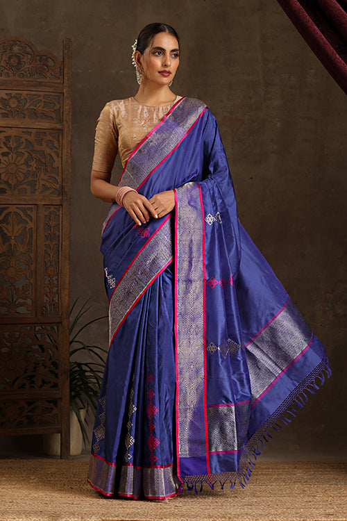 Blue Handloom Banarasi Pure Silk Kadwa Scurt Saree