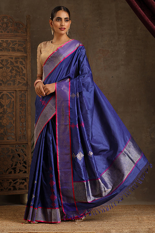 "VWAS" Blue Handloom Banarasi Pure Silk Kadwa Scurt Saree