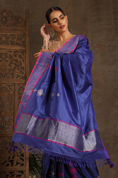 "VWAS" Blue Handloom Banarasi Pure Silk Kadwa Scurt Saree