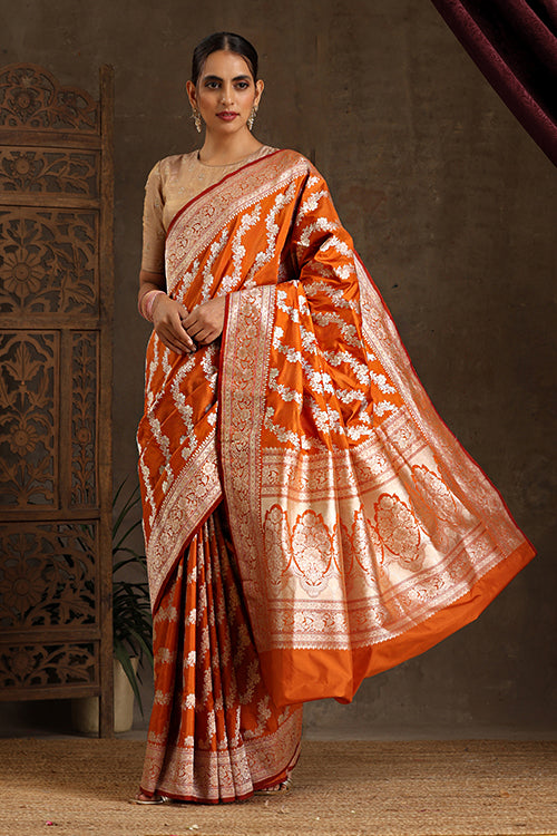 "VWAS" Orange Handloom Banarasi Pure Katan Silk Kadwa Aara  Saree