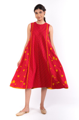 Pardis Red Chikankari Round Neck Dress