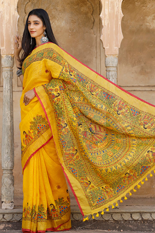 Diorama Designs Madhubani Hand-painted Pure Linen Saree