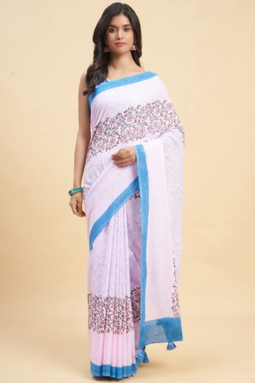 Sooti Syahi Crape Myrtle Pink Block Print Cotton Saree Online