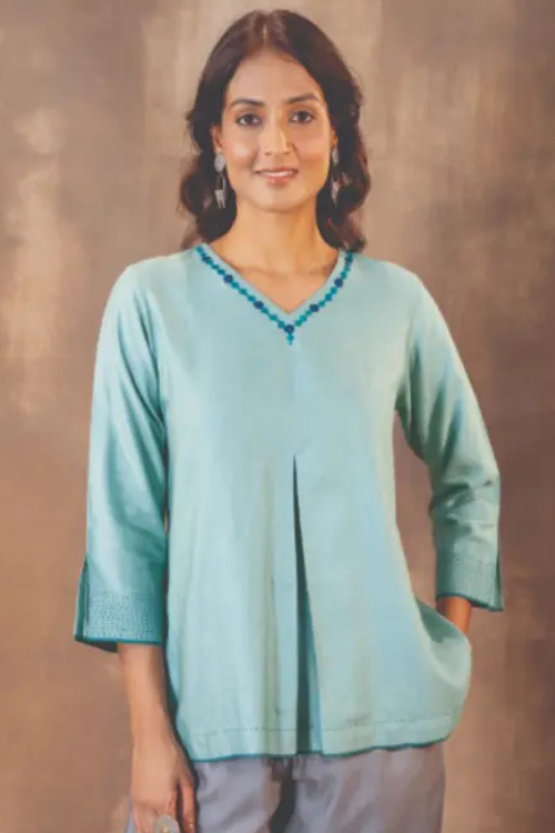 Rangsutra Ruhani Teal Regular Fit Cotton Silk Top With Soof Hand Embroidery