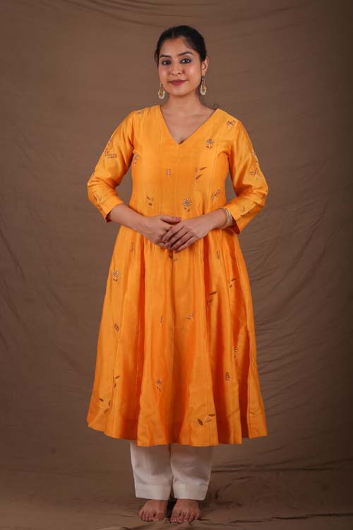 Urmul Desert Crafts- "CHAMELI" Mustard Chanderi Kalidar Kurta
"