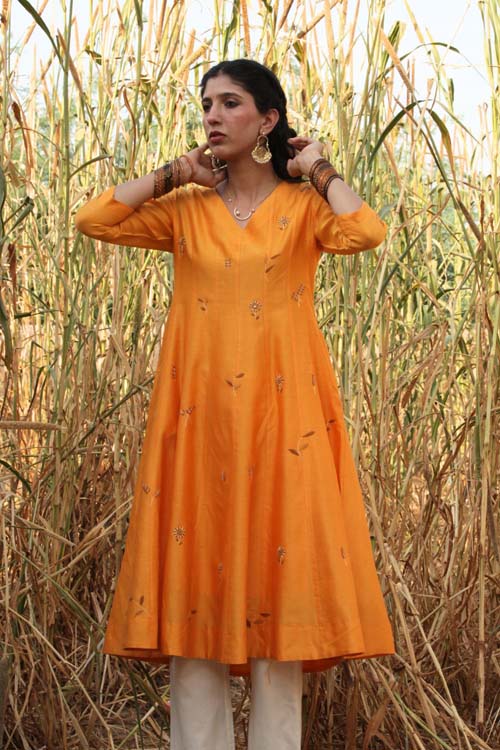 Urmul Desert Crafts- "CHAMELI" Mustard Chanderi Kalidar Kurta
"