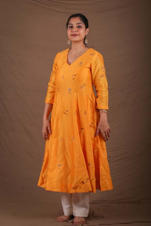 Urmul Desert Crafts- "CHAMELI" Mustard Chanderi Kalidar Kurta
"