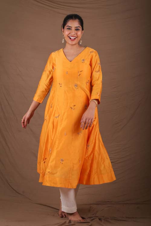 Urmul Desert Crafts- "CHAMELI" Mustard Chanderi Kalidar Kurta
"